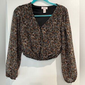 Japna Blouse Woman Sz S V-Neck Faux Wrap Long Sleeve Cropped Top Multicolor